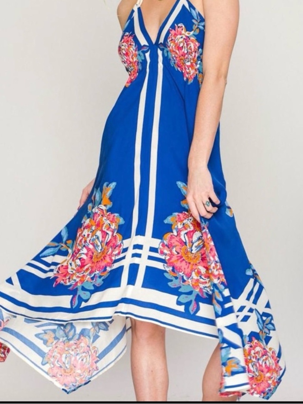Flying Tomato Blue Floral Maxi Dress with White Trim